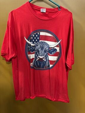 Red Graphic Bull Tee with American Flag Design